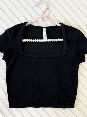 ALO YOGA Crop Top Black Beachside Terry Cloth Short Sleeve Crop Top Tee Size XS